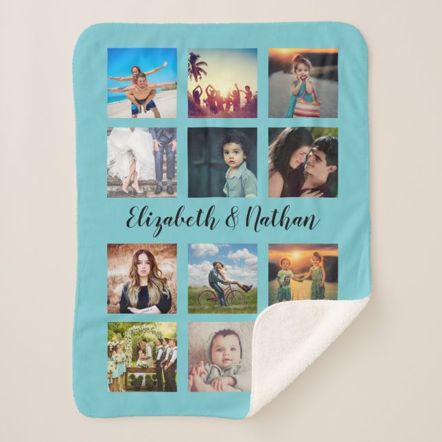 Custom 12 Friends Family Photo Collage Aqua Blue Sherpa Blanket (Front)