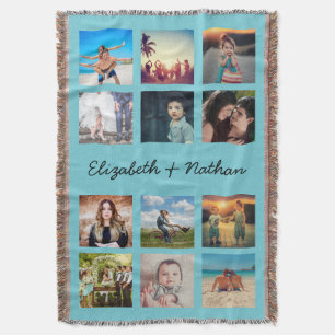 Custom 12 Friends Family Photo Collage Aqua Blue Throw Blanket