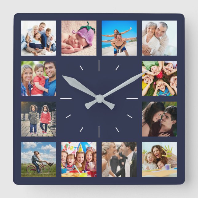 Custom 12 Keepsake Family Photo Collage Navy Square Wall Clock (Front)