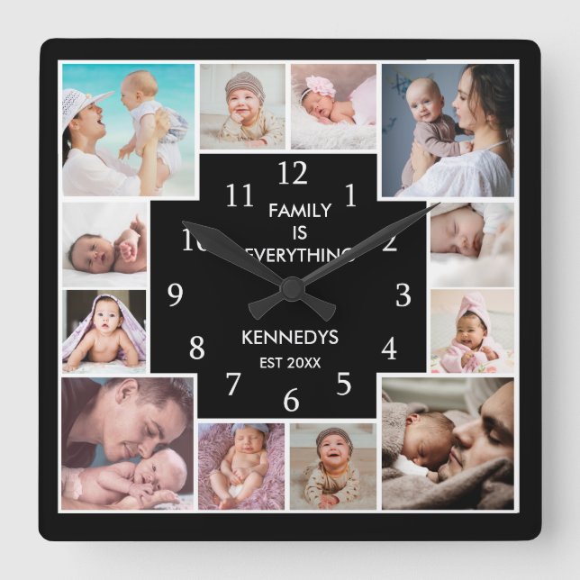 Custom 12 Photo Collage Family is Everything Black Square Wall Clock (Front)