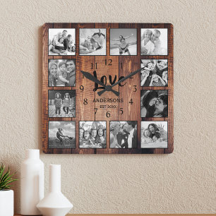Custom 12 Photo Collage Family Love Reclaimed Wood Square Wall Clock
