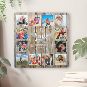 Custom 12 Photo Collage Family Love Reclaimed Wood Square Wall Clock