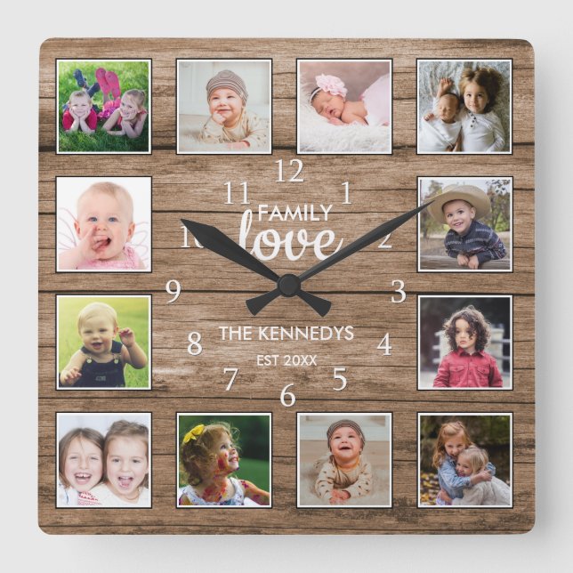 Custom 12 Photo Collage Family Love Rustic Wood   Square Wall Clock (Front)