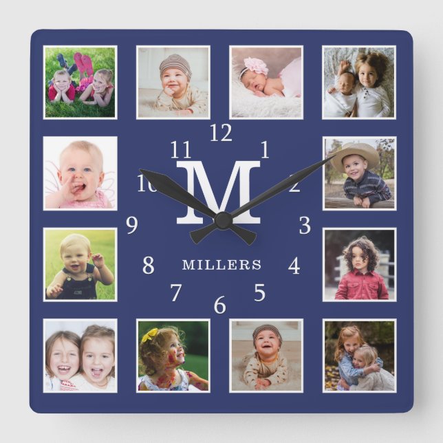 Custom 12 Photo Collage Family Name Monogram Blue Square Wall Clock (Front)