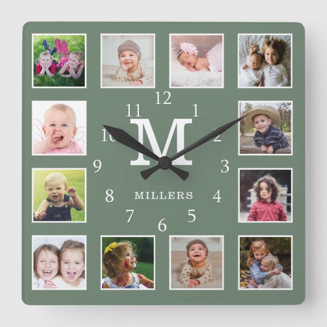 Custom 12 Photo Collage Family Name Monogram Green Square Wall Clock (Front)
