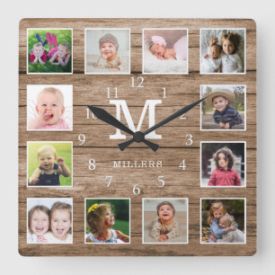 Custom 12 Photo Collage Family Name Monogram Wood Square Wall Clock