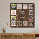 Custom 12 Photo Collage Family Quote Pallet Wood Square Wall Clock<br><div class="desc">Create your own photo collage wall clock with 12 of your favourite pictures. The photo frame clock helps you treasure your special moments and also makes a thoughtful gift for parents, grandparents and friends. The personalised family clock makes it a perfect gift for all occasions. Personalise with family name and...</div>