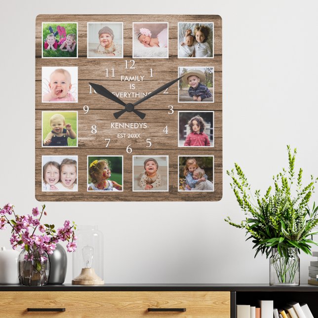 Custom 12 Photo Collage Family Quote ReclaimedWood Square Wall Clock (Creator Uploaded)