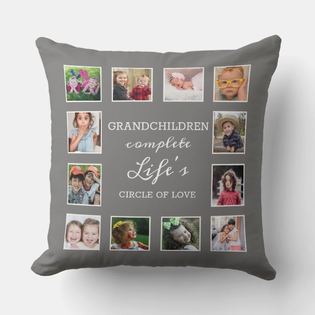 Custom 12 Photo Collage Grandchildren Quote Grey Cushion (Front)
