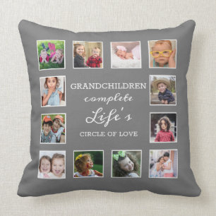 Custom 12 Photo Collage Grandchildren Quote Grey Cushion