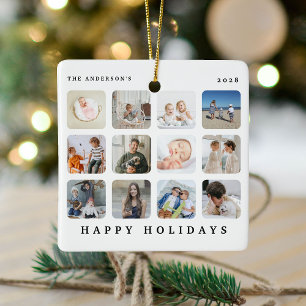 Custom 12 Photo Collage Happy Holidays Christmas Ceramic Ornament