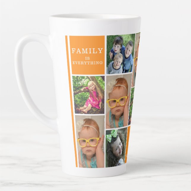 Custom 12 Photo Collage Orange Family Monogram     Latte Mug (Left)