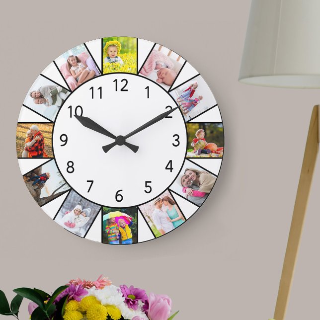 Custom 12 Photo Collage White Round Large Clock (Photo clock with 12 photos, one at each hour. Great design for your home or a thoughtful photo gift.)