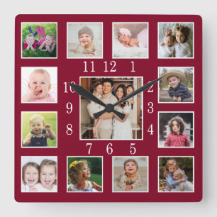 Custom 13 Family Photo Collage Keepsake Burgundy Square Wall Clock