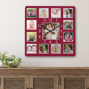 Custom 13 Family Photo Collage Keepsake Burgundy Square Wall Clock