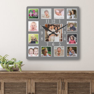 Custom 13 Family Photo Collage Keepsake Grey Square Wall Clock