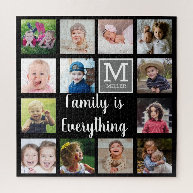 Custom 13 Photo Collage Family Monogram Jigsaw Puzzle (Vertical)