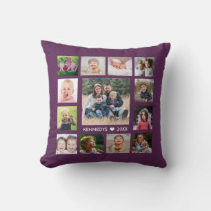 Custom 13 Photo Collage Family Names Plum Purple Cushion
