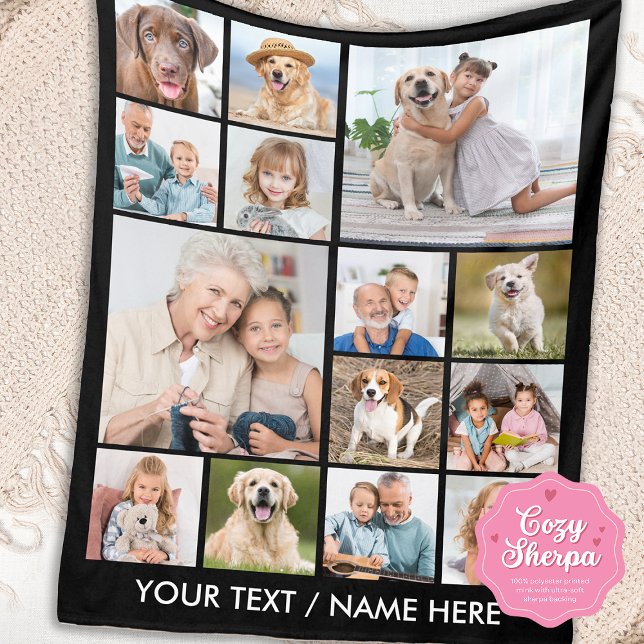 Custom 14 Photo Collage Personalized Black Sherpa Blanket (Creator Uploaded)