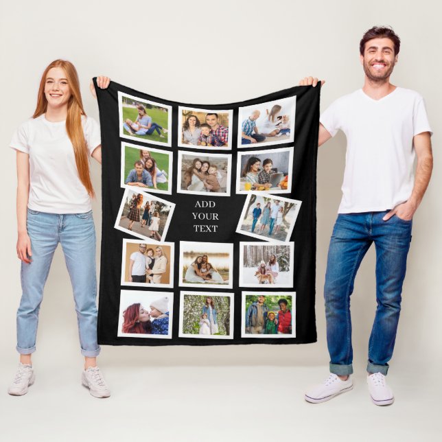 Custom 14 Photo Collage with custom text Fleece Blanket (In Situ)