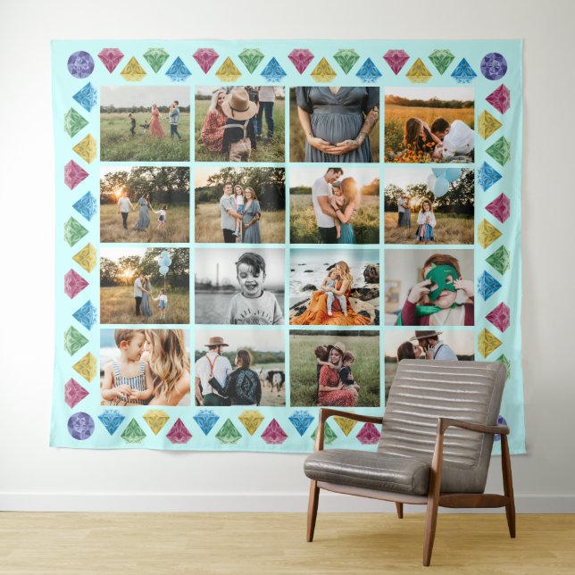 Custom 16-Photo Collage Diamond Jumbo Wall Hanging Tapestry (In Situ (Horizontal))