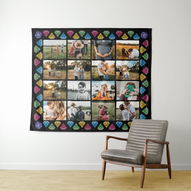 Custom 16-Photo Collage Diamond Large Wall Hanging Tapestry (In Situ (Horizontal))