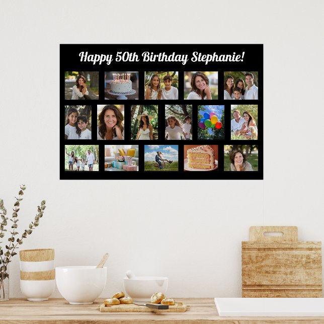 Custom 16 Photo Collage Happy Birthday Party Poster (Kitchen)