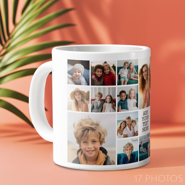 Custom 17 Photo Collage - Black - white text Large Coffee Mug (Custom Photo Collage Mug)