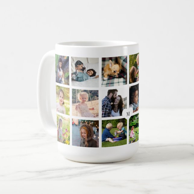 Custom 18 photo collage monogram personalised coffee mug (Front Left)