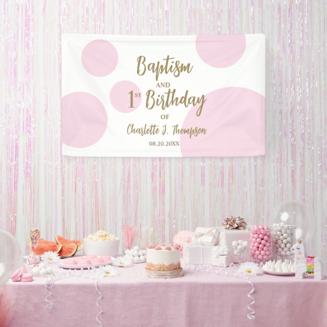 Custom 1st birthday and Baptism Pink Gold Party   Banner (Party)