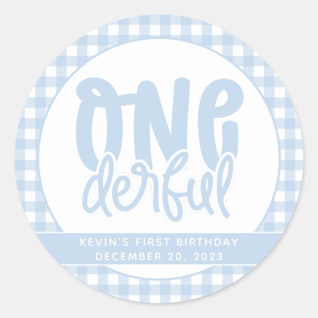 Custom 1st Birthday Cute Pastel Blue Onederful Classic Round Sticker (Front)