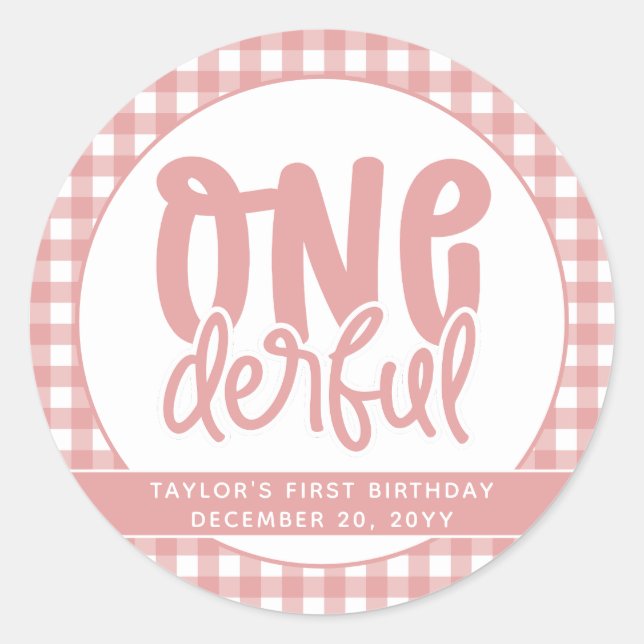 Custom 1st Birthday Cute Pastel Pink Onederful Classic Round Sticker (Front)