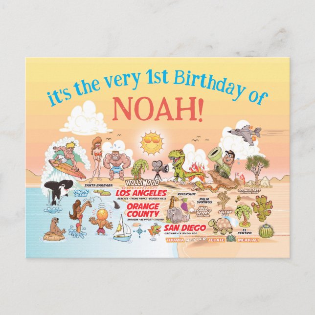 Custom 1st Birthday SoCal Invitation Postcard (Front)