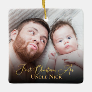 Custom 1st Christmas As Uncle 2 Photo Gold Script  Ceramic Ornament