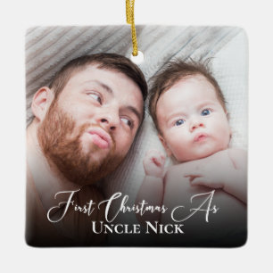 Custom 1st Christmas As Uncle 2 Photo White Script Ceramic Ornament