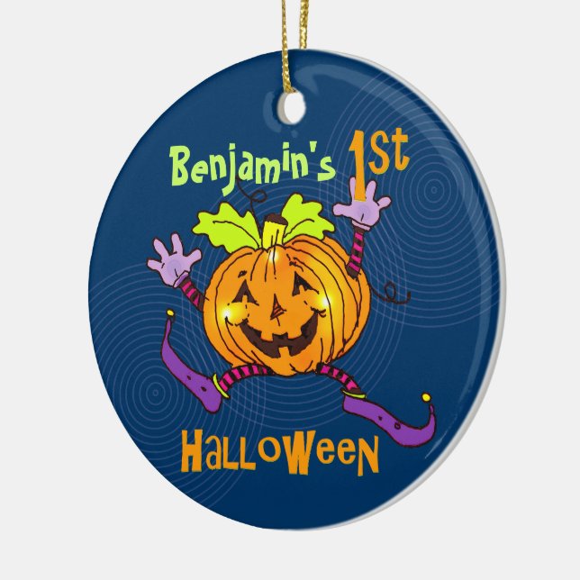 Custom 1st Halloween Happy Pumpkin Ceramic Ornament (Left)