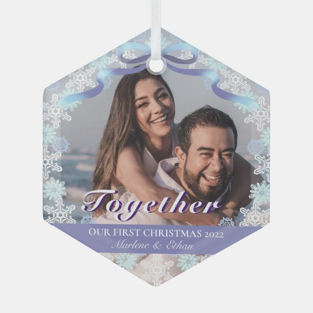 Custom 1st Married Xmas Light Purple Blue Tone Glass Tree Decoration (Front)