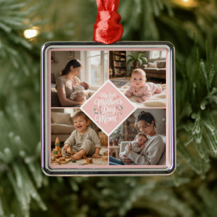 Custom 1st Mother's Day Photo Collage Pink Floral Metal Ornament