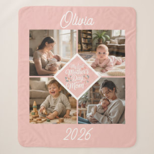 Custom 1st Mother's Day Photo Collage Pink Floral Sherpa Blanket