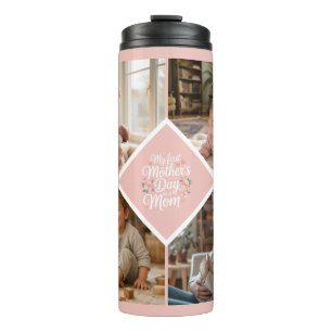 Custom 1st Mother's Day Photo Collage Pink Floral Thermal Tumbler
