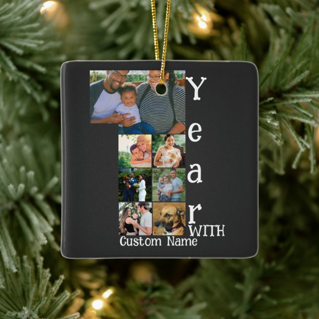 Custom 1st wedding anniversary 7 photo collage ceramic ornament (Tree)