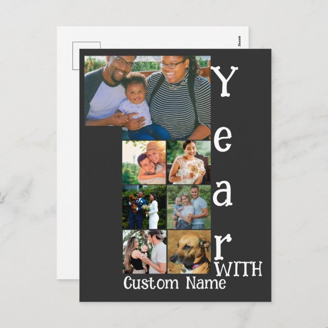 Custom 1st wedding anniversary 7 photo collage holiday postcard (Front/Back)