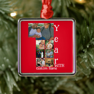 Custom 1st wedding anniversary 7 photo collage metal ornament