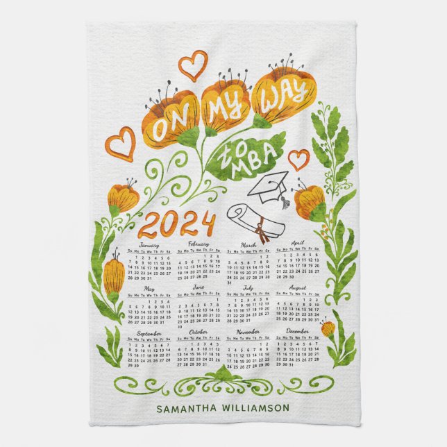 Custom 2024 Calendar MBA Student Orange Floral Tea Towel (Vertical)