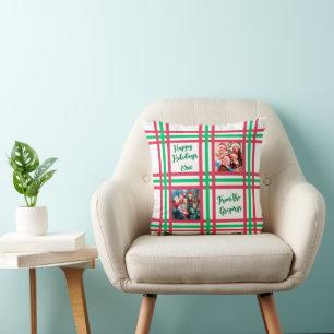 Custom 2025 Red Green Plaid Family Photo  Cushion