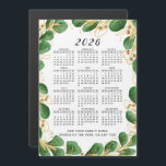 Custom 2026 Calendar Magnet with Elegant Greenery<br><div class="desc">This 2026 calendar magnet features an elegant botanical design with emerald green eucalyptus and subtle gold accents on a clean white background. The template allows you to add your family name, favourite phrase, or any special message, making it unique and personal. With its full-year Sunday-through-Saturday layout, this calendar blends style...</div>