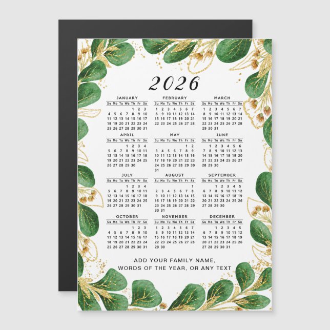 Custom 2026 Calendar Magnet with Elegant Greenery (Front/Back)