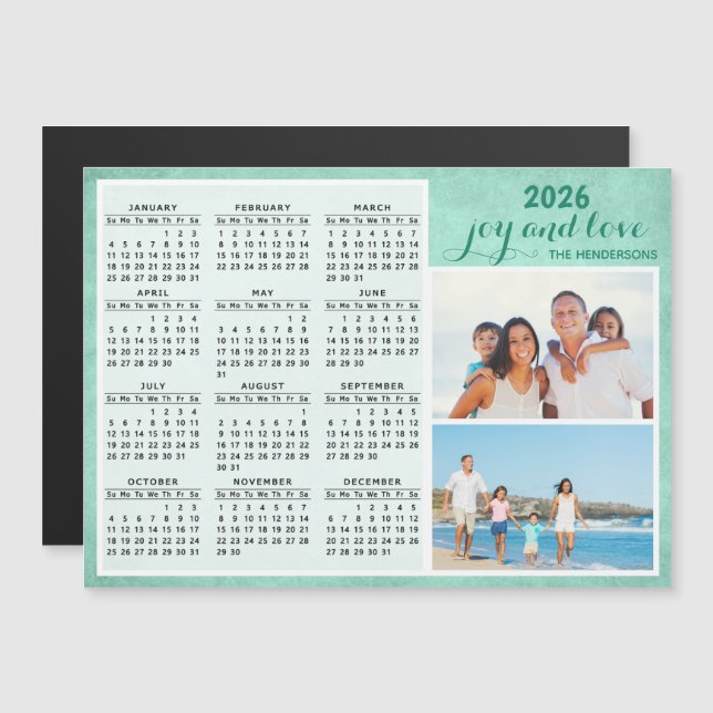 Custom 2026 Magnet Calendar Family Photo Green (Front/Back)