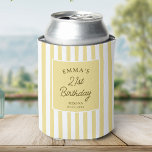 Custom 21st Birthday Cute Yellow Striped Party Can Cooler<br><div class="desc">Celebrate a milestone birthday in timeless, preppy style. This elegant 21st birthday can cooler features soft sunny yellow vertical stripes and classic typography, personalized with a name, age, location, and date. Perfect for chic birthday parties, bachelorette weekends, girls trips or destination celebrations, it keeps drinks cold while doubling as a...</div>
