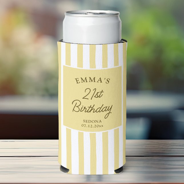 Custom 21st Birthday Cute Yellow Striped Party Seltzer Can Cooler (Creator Uploaded)